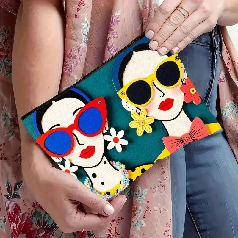 1 Stück Make-up-Tasche für Damen mit Reißverschluss – niedliche Cartoon-Gesichts-Clutch-Geldbörse, blaugrüner Hintergrund und roten/blauen/gelben Blumenakzenten – Detail 2
