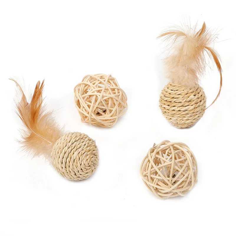 2pcs Cat Toy Funny Faux Feather Cat Bell Ball Pet Rattan Ball Playing Interactive Ball Toys for Cats Pet Supplies Kitten Toy