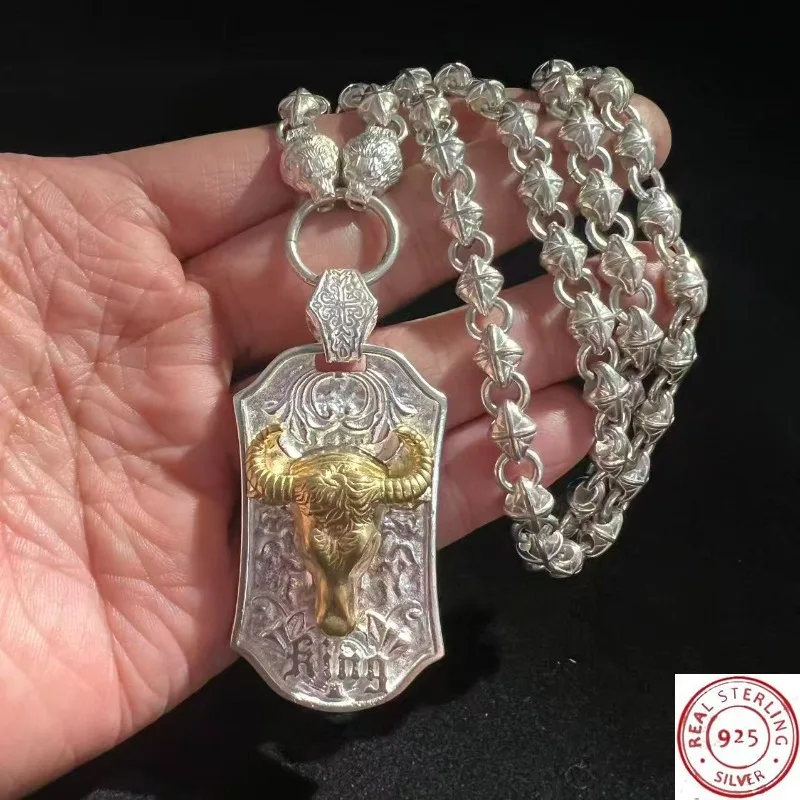 

925 Tibetan Silver Bull Head Pendant Necklace, Handmade by Folk Artisans, Ethnic Lucky Protection Amulet