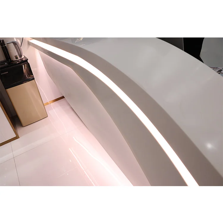 Customized.Duponts Corians Custom Made White Salon Reception Counter Front Led Light Curved Reception Desks
