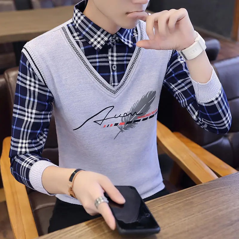 

Fashion Printe Spliced Knitted Lattice Fake Two Pieces Sweater Men's Clothing 2022 Autumn New Casual Pullovers All-match Tops