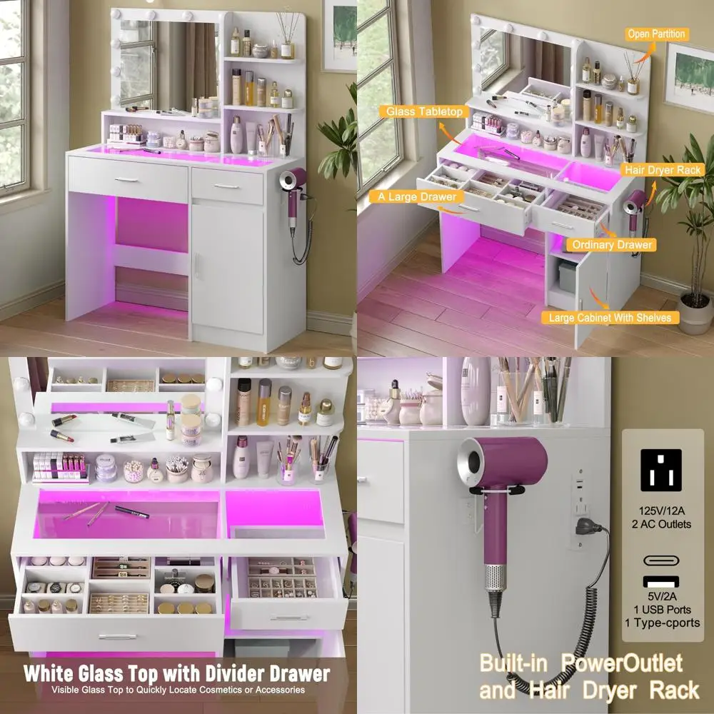 Illuminated Vanity Desk with Mirror, Glass Top, and Power Outlet, 36-Mode Adjustable Brightness Makeup Table