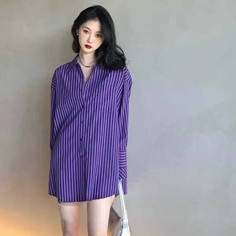 Camisas a rayas moradas para mujer, ropa informal Hipster de manga larga holgada Harajuku que combina con todo, Tops estilo gótico Vintage