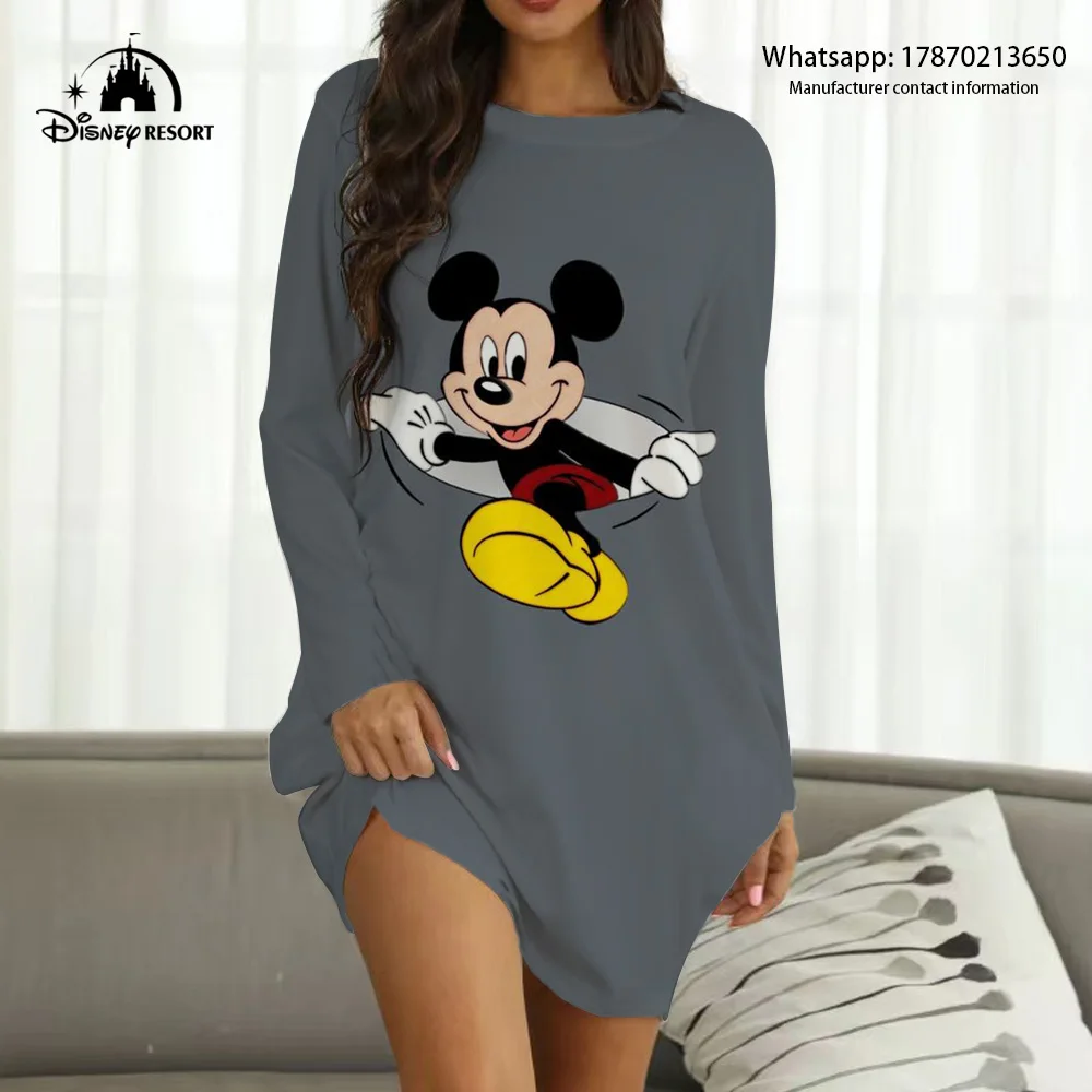 Long-sleeved knee-length home wear summer women\'s round neck pullover dress 3D cartoon print long-sleeved dress