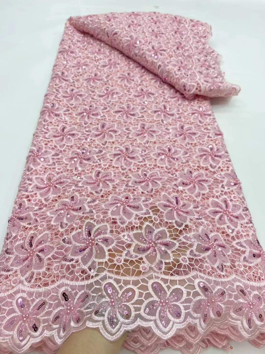 

2025 African Nigerian High-Quality Lace Fabric Embroidery Tulle Sequins Guipure for Wedding Party Dresses Cotton dp0428 5Yards