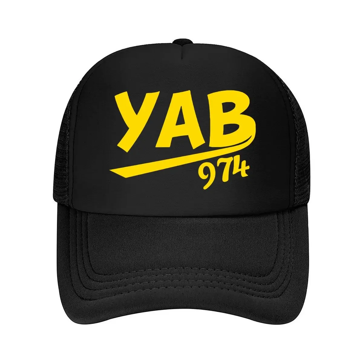 New YAB 974 in Bold Yellow Typography Mesh Baseball Cap