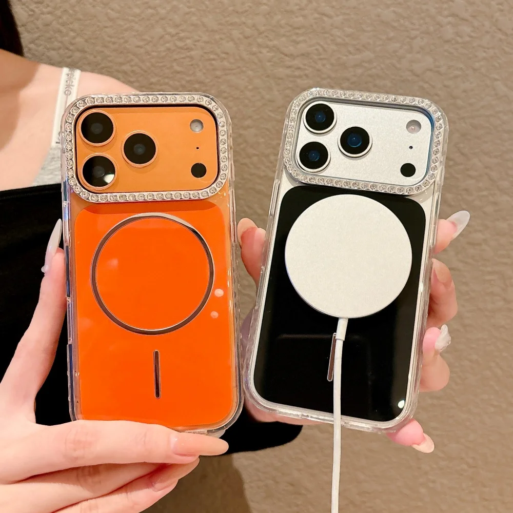 เคสโทรศัพท์กันกระแทกแบบแม่เหล็ก รุ่น Luxury Diomond Frame Glitter Sparkle สำหรับ iPhone 17 Pro Max 16 15 14 Pro 13 รองรับ Magsafe