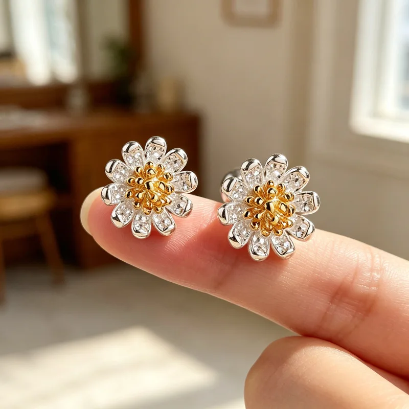 925 Sterling Silver  Stud Earrings Elegant Daisy Flower Small Classic Two Tone For Women Jewelry Gift Dropship Wholesale