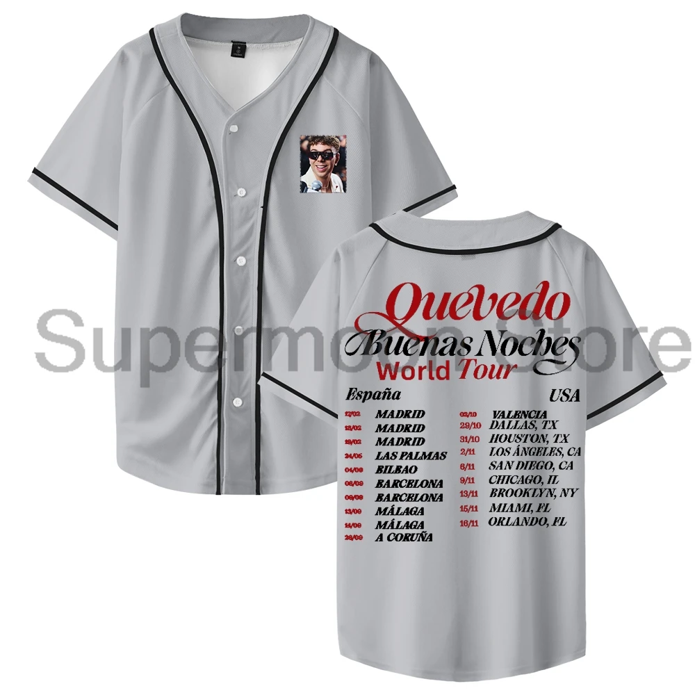 Quevedo Buenas Noches World Tour 2025 Baseball Jersey V-Neck Short Sleeve Button-up Shirts Women Men Streetwear Tops
