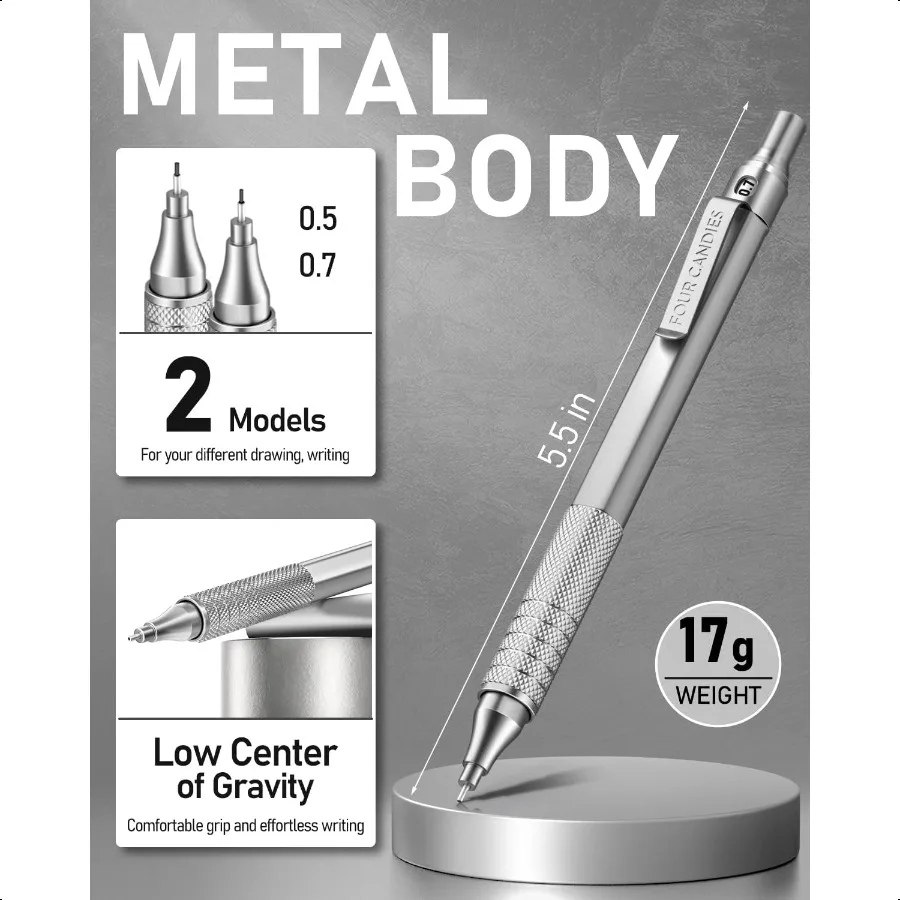 Conjunto de lápis mecânicos de metal, 2 peças, com estojo, 0.5mm, 0.7mm, lápis artístico com 6 tubos, 360 peças, recargas de chumbo hb, 3 borrachas, 9 borracha r