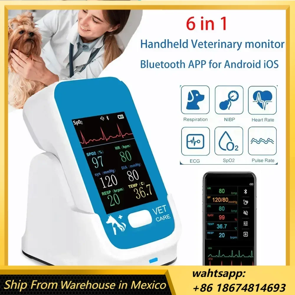 6 in 1 Handheld Veterinary Monitor multiparameter ECG HR NIBP SpO2 P TEMP Real Time Moniting with Bluetooth APP for Android iOS