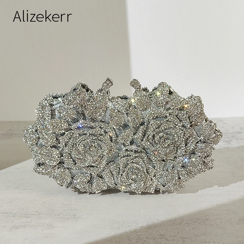 Alizekerr Rose Crystal Evening Clutch Bags Women New Luxury Boutique Sparkling Diamond Flower Purses And Handbags Wedding Party