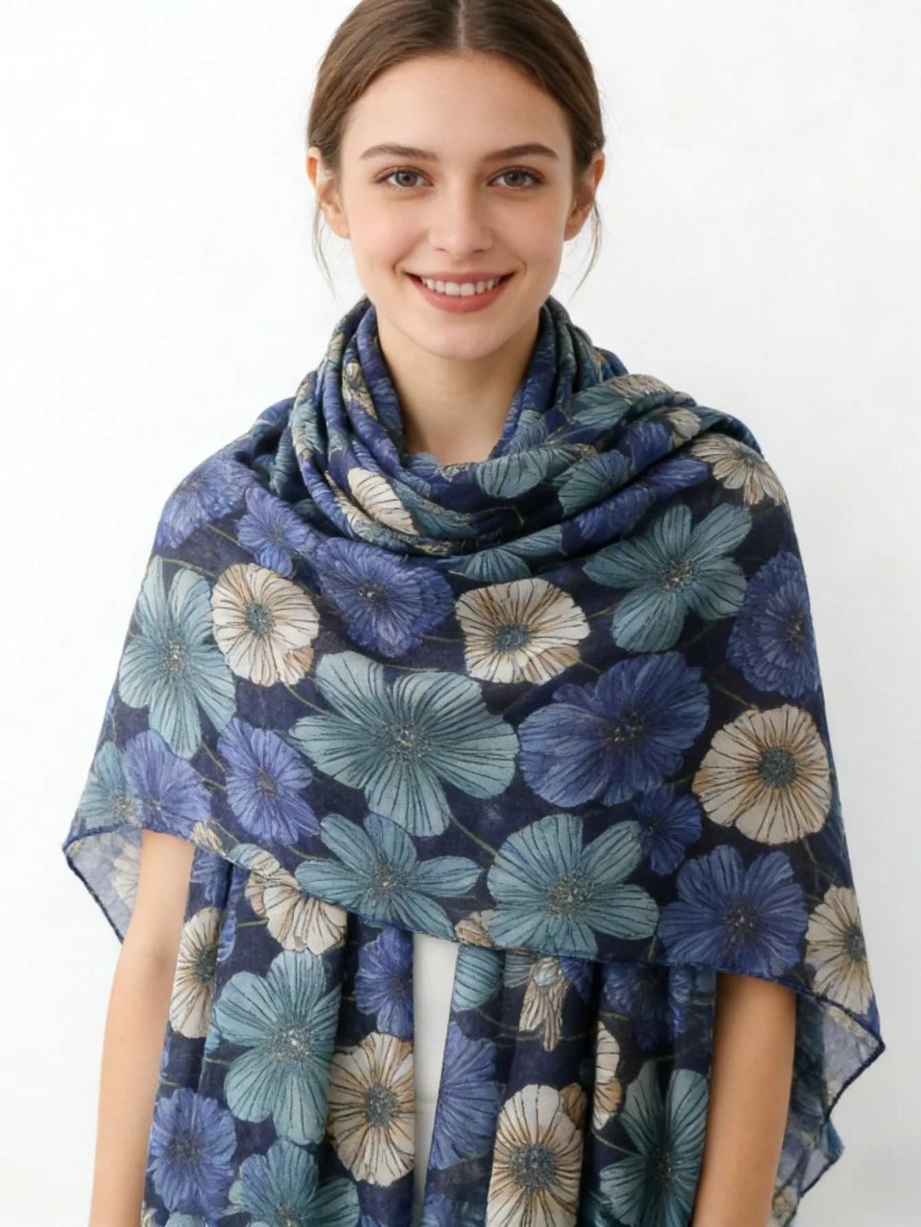 1PC blues floral print fringed scarf retro floral light shawl literary silk scarf women muslim headscarf women view 2