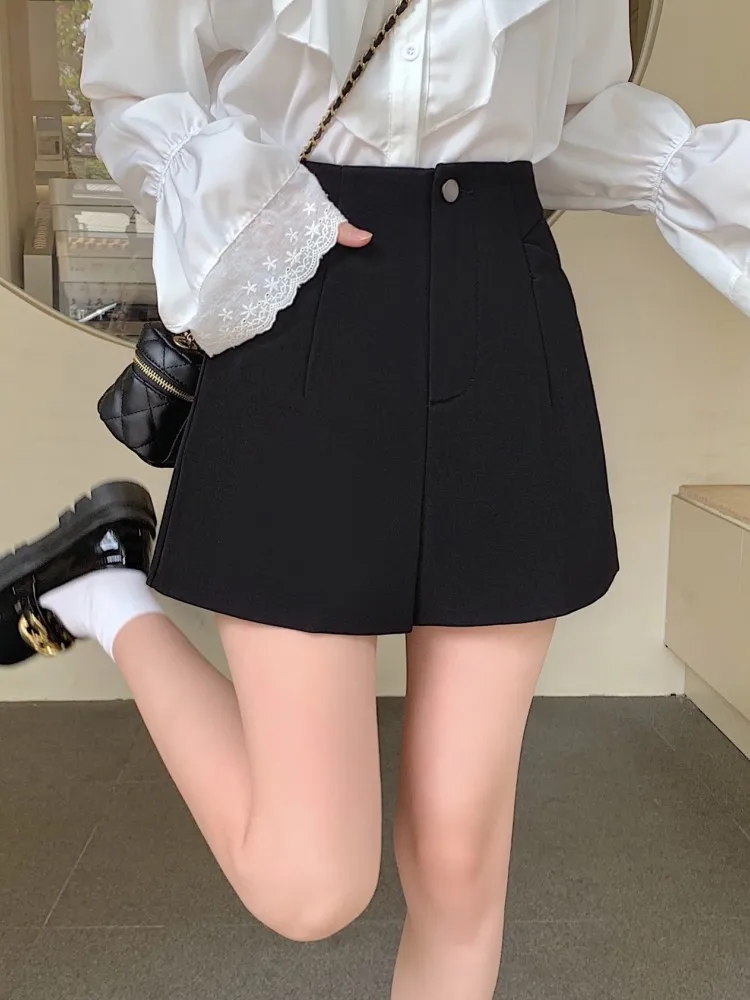 

Business Suit Shorts Women's Wide Leg Pants Black Outerwear High Waist Commute Style Regular Thickness Autumn Collection