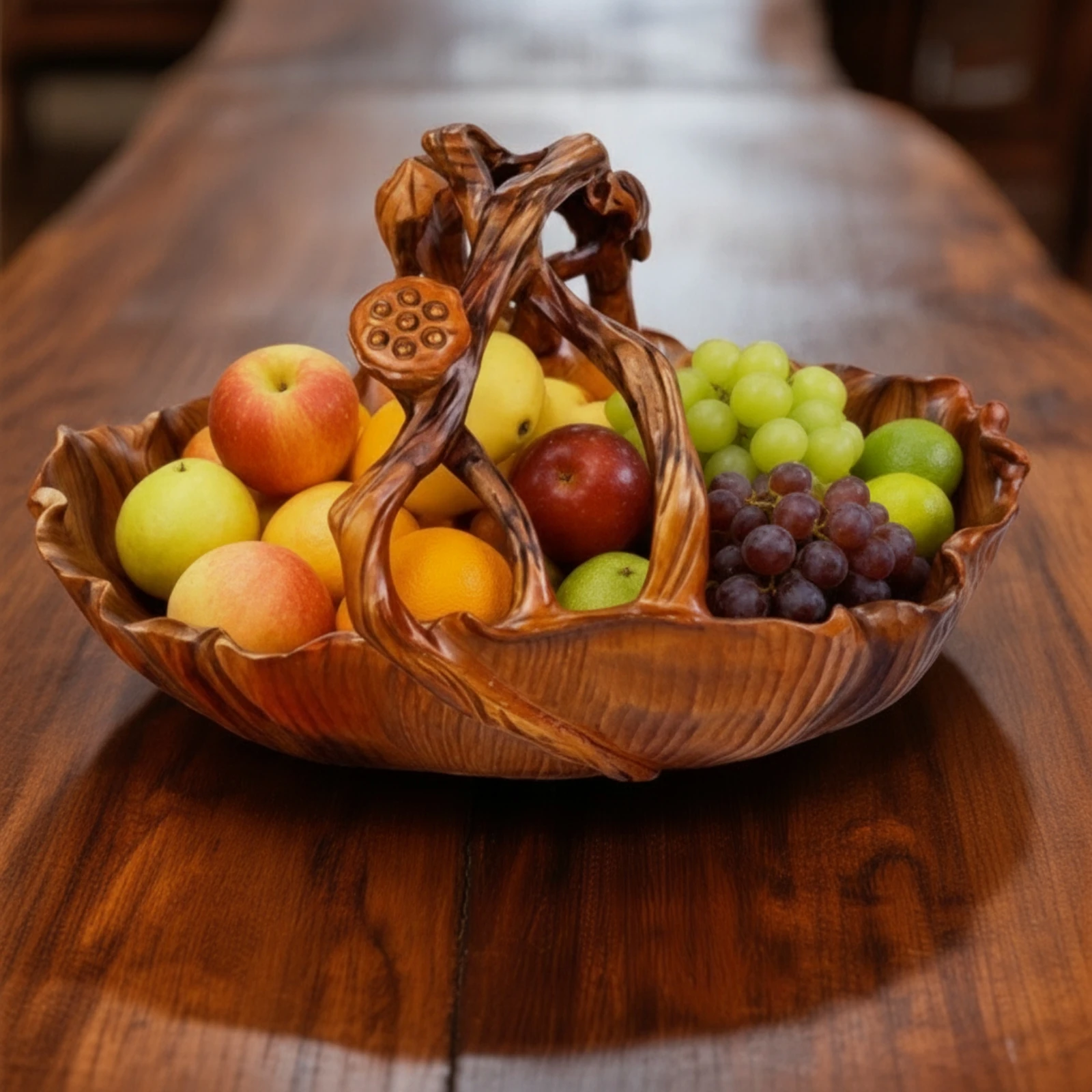 Carved Wooden Fruit Basket Artisanal Wooden Basket with Handle Fruit Bowl with Handle Decorative Centerpiece Elegant