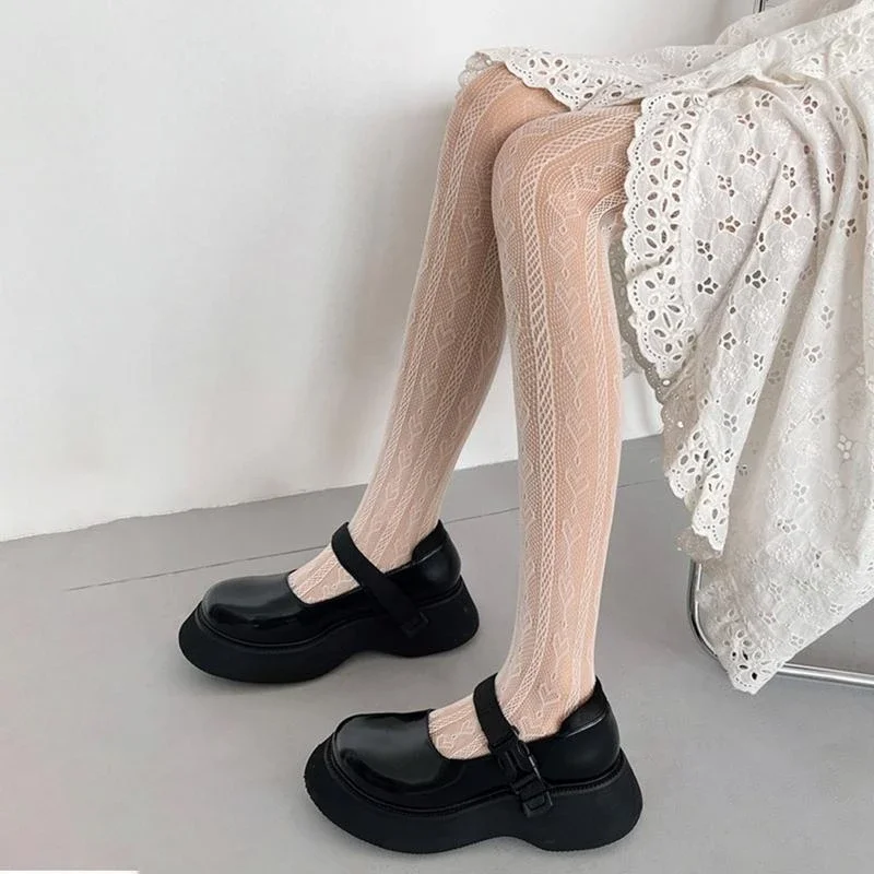 المرأة الظلام القوطية جوارب طويلة اليابانية الحلو القلب العمودي مخطط منقوشة شير الجوارب تأثيري شبكة 15UB #5