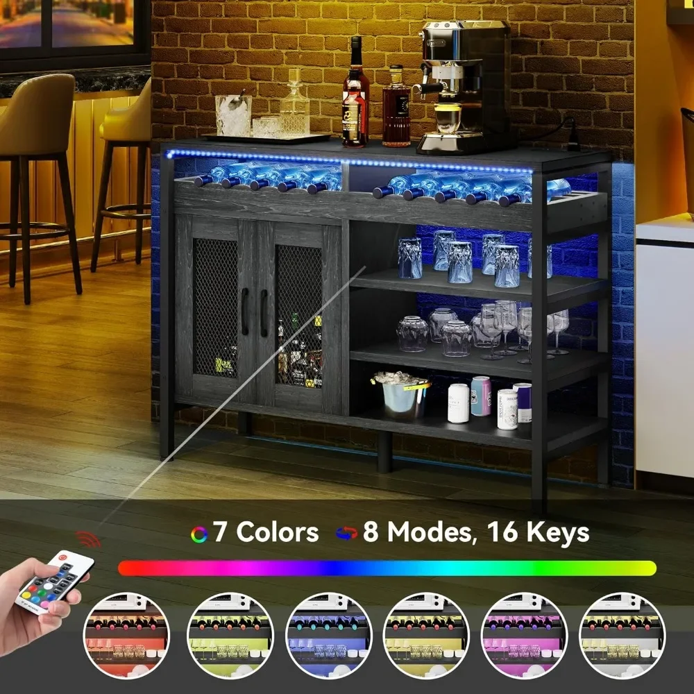 Industrial Bar Cabinet com Tomada de Energia e Luzes LED, Armazenamento Liquand Óculos, Coffee Cabinet, Home Bar