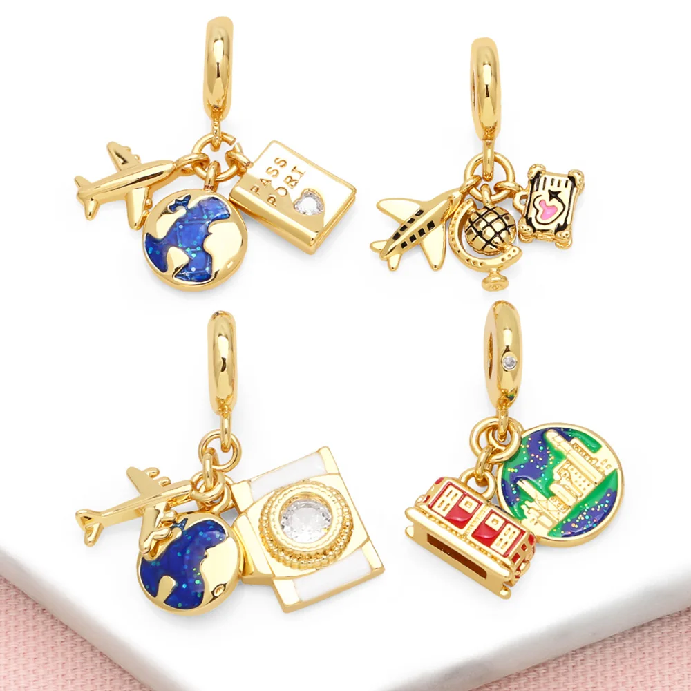OCESRIO Trendy Airplane Travel the Earth Pendant for Necklace Copper Gold Plated Tourism Tour Jewelry Making Supplies pdtb416