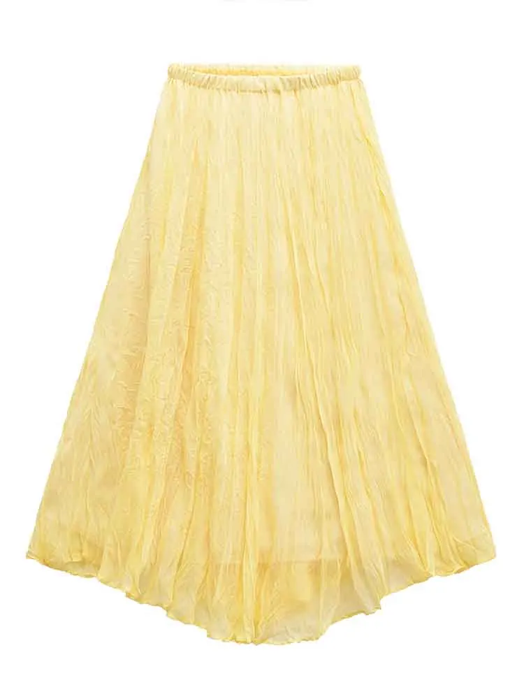 

European style new women's clothing all-match fashion wrinkle effect temperament midi light yellow skirt