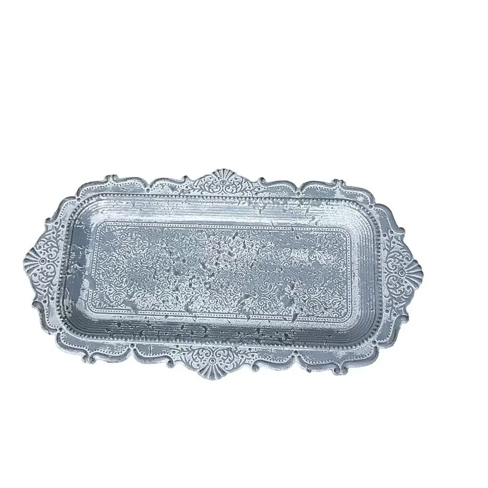 

Vintage Gray Distressed Metal Decorative Serving Tray with Ornate Embossed Design, French Style Rectangular Organizer Platter