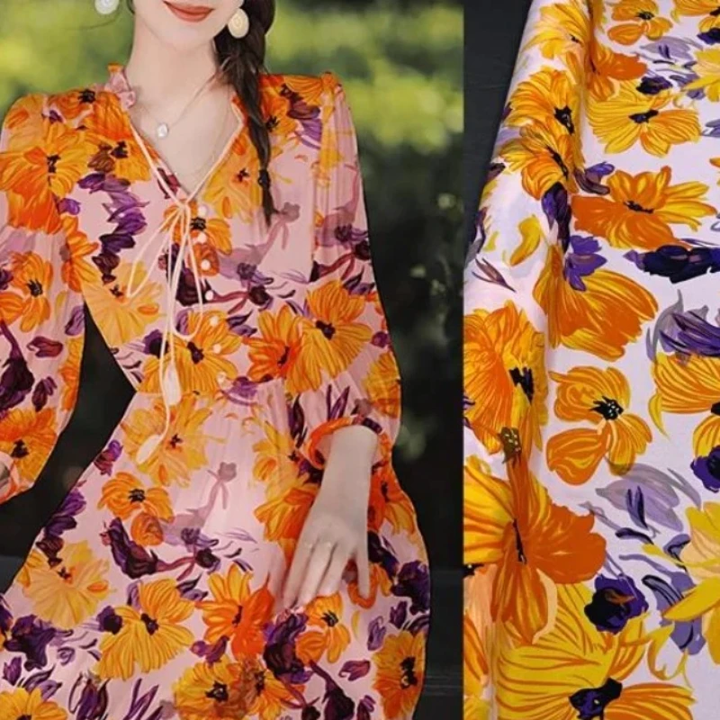 Silk Stretch Crepe De Chine Mulberry Silk Printed Material Spring Summer Shirt Dress Digital Spray Draped Wholesale Fabrics