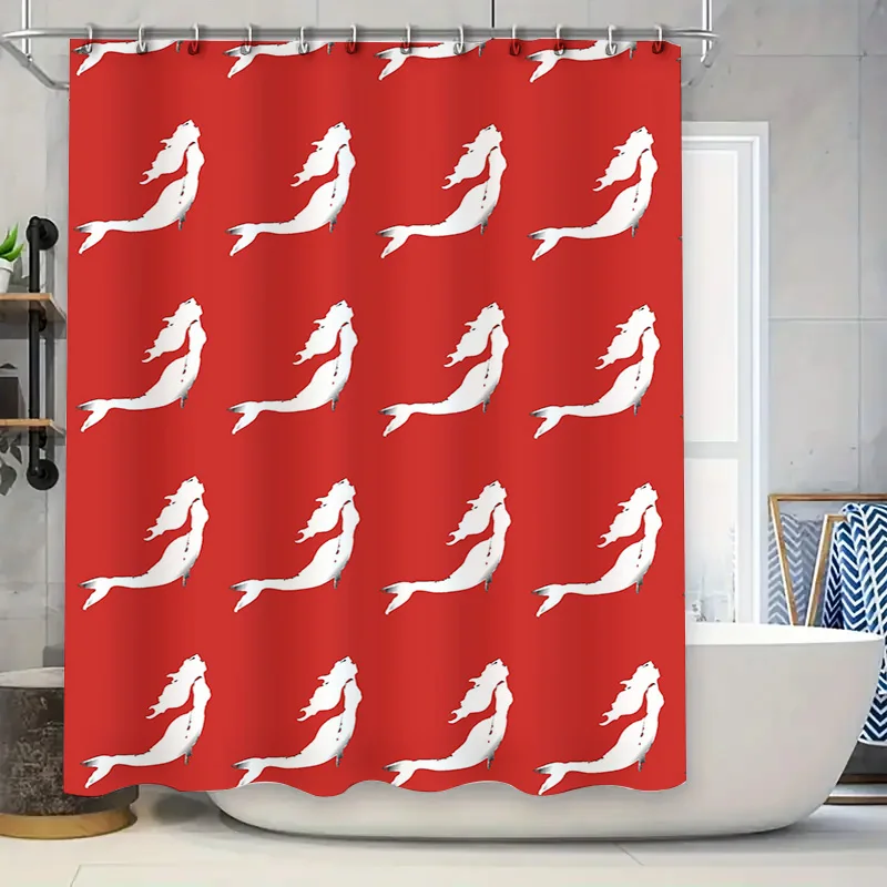 

Mermaid Tail Shower Curtain: Red Background with White Mermaids Waterproof Home Decor Bathroom Accessories (180x245cm)