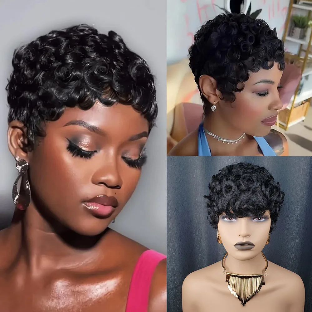 에그 컬리 픽시컷 가발 짧은 인모 가발 앞머리가 미리 뽑혀진 여성용 브라질리언 헤어 기계식 제작 즉시 착용 가능 자연스러운 가발