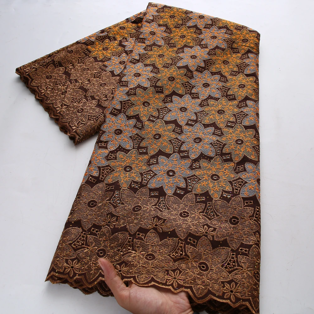 Luxury Burgundy African Swiss Voile Cotton Fabric Gold Floral Embroidery Rhinestones Scalloped Edge Lace For Evening Dresses