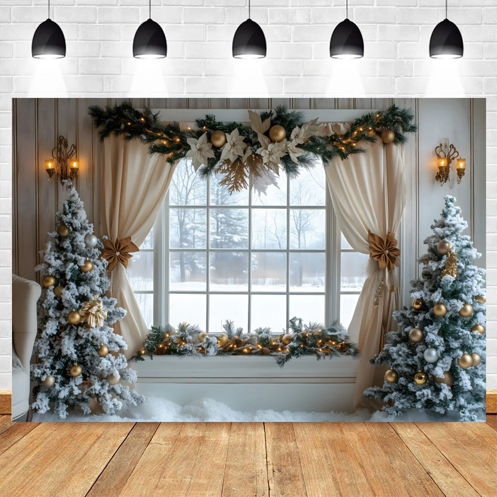 Winter Christmas Photography Backdrop Snow Window Curtain Christmas Tree Kids Family Party Portrait Decoration Photo Background