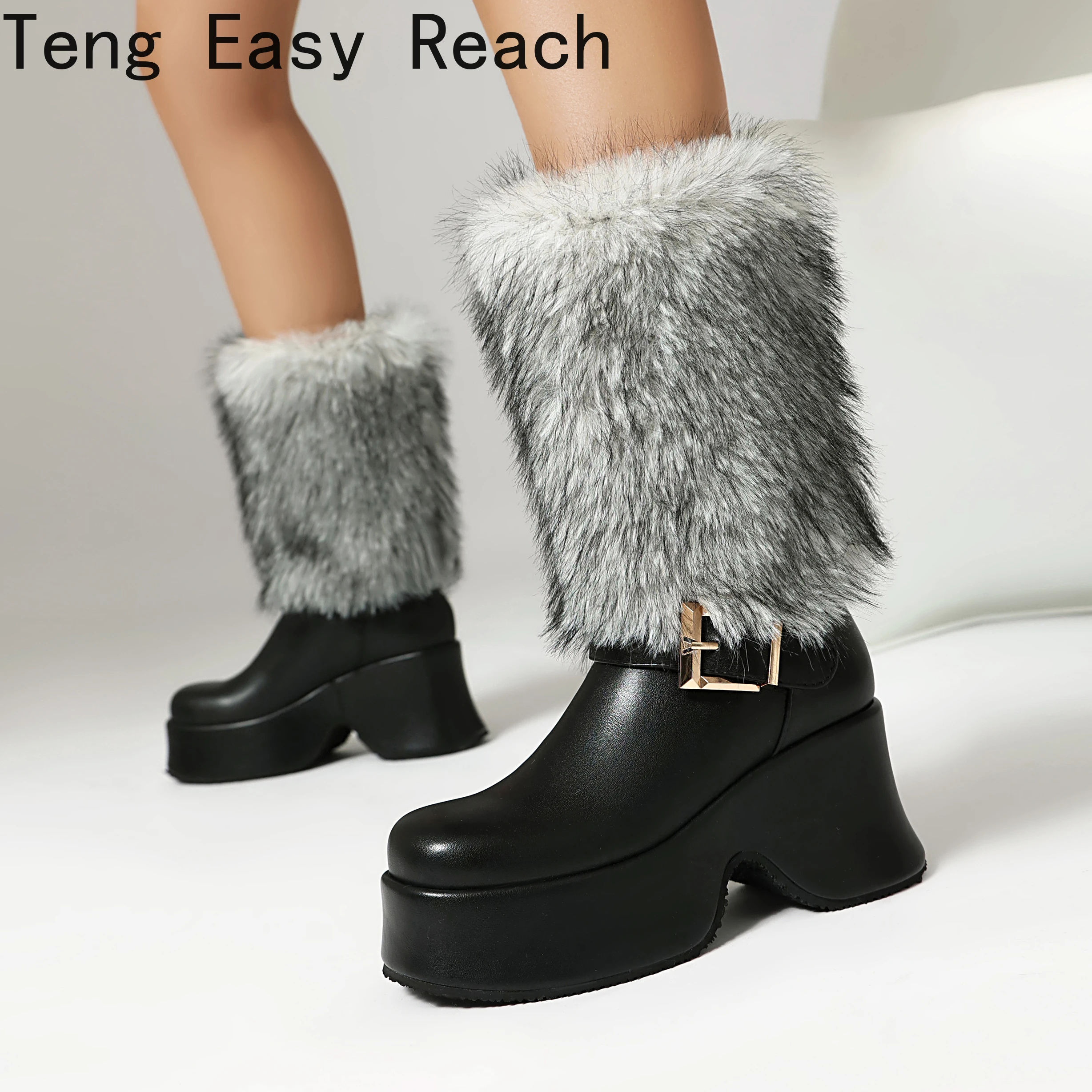 

2026 Winter New Warm Boots Women's Shoes Slope Heel Height Boosting Boots Ankle Metal Buckle Fashion Decoration
