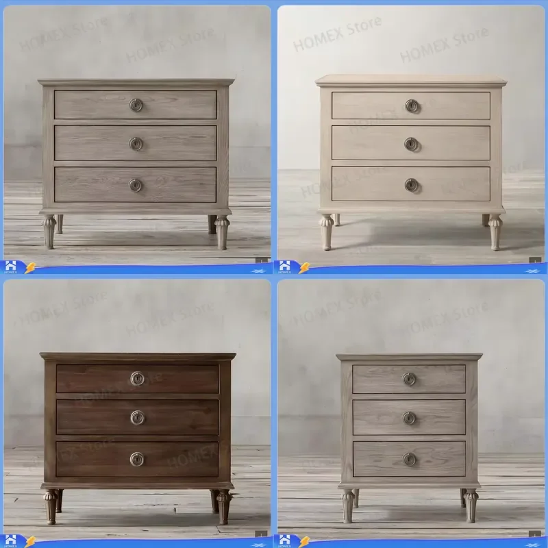 French Retro Oak Bedside Table American Style Solid Wood Nightstand 3 Drawer Side Cabinet Bedroom Storage Furniture Locker