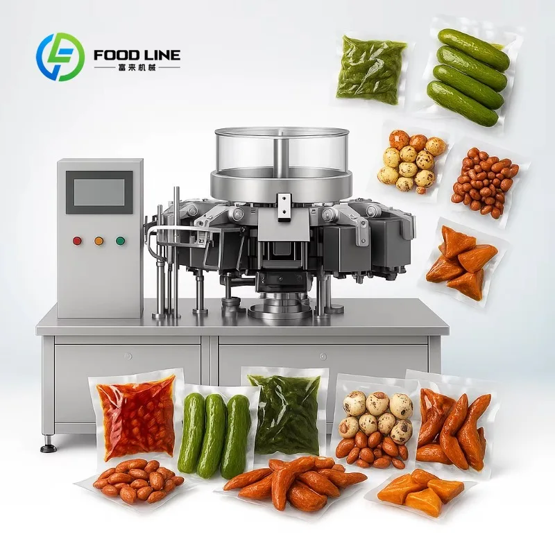 Custom Industrial Packaging Machinery Fully Automatic Large Rotary Vacuum Premade Bag Filling Packing Machine for Frozen Food
