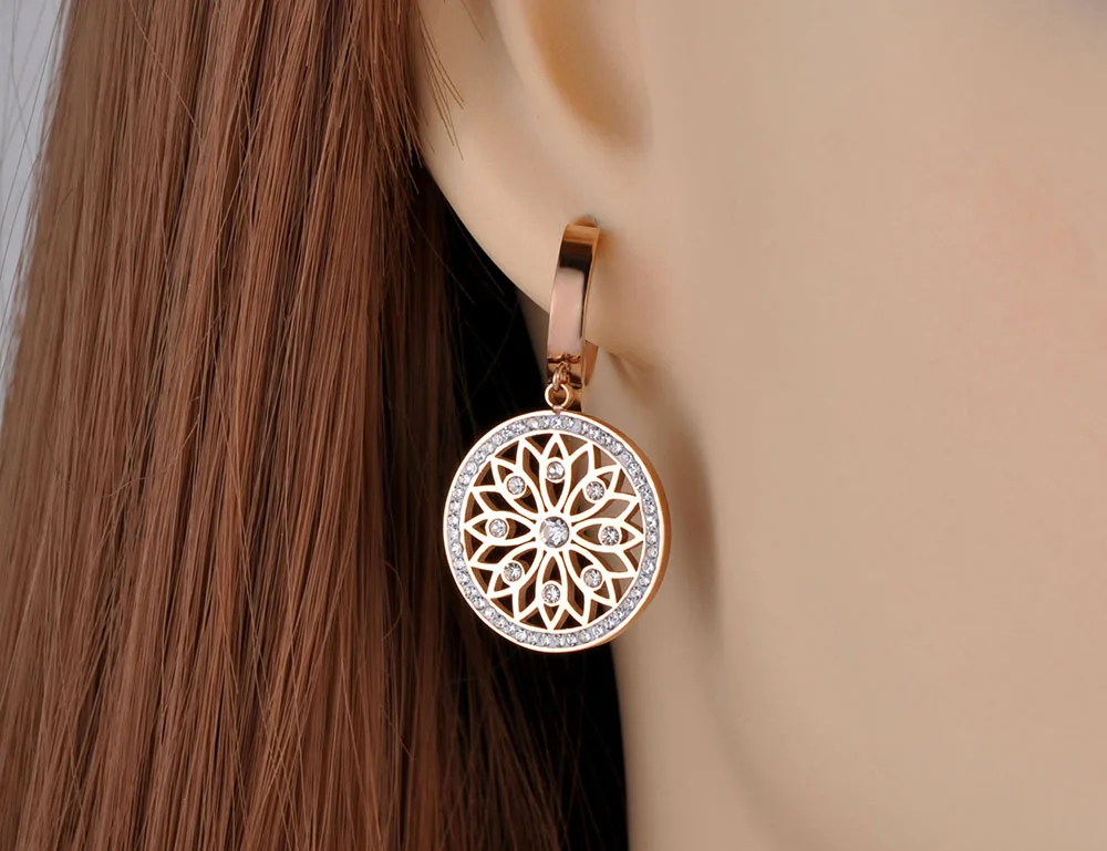 Lokaer Original Design Stainless Steel Flower Rattan Disc Earrings Jewelry Trendy CZ Crystal Hoop Earrings For Women Girl E19269