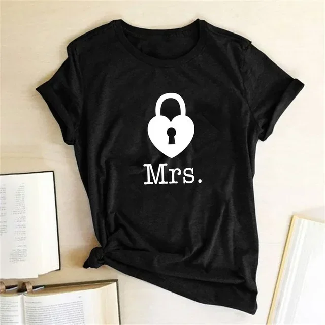 Casual O-Neck Tops Lovers Tee Shirt Couples T Shirt Heart Key Lock Mr Mrs Print Couple Tshirt Summer King Queen T-shirt