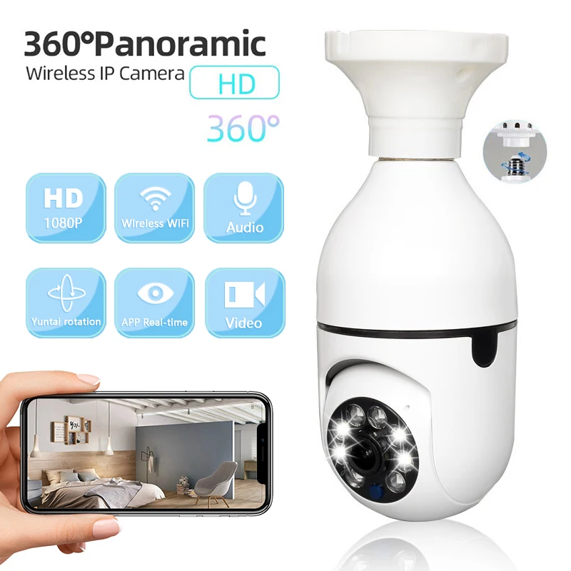Cámara de Seguridad HD Bulb 360 ° Cámara IP WiFi Inalámbrica Panorámica con Visión Nocturna para Monitoreo de Interiores