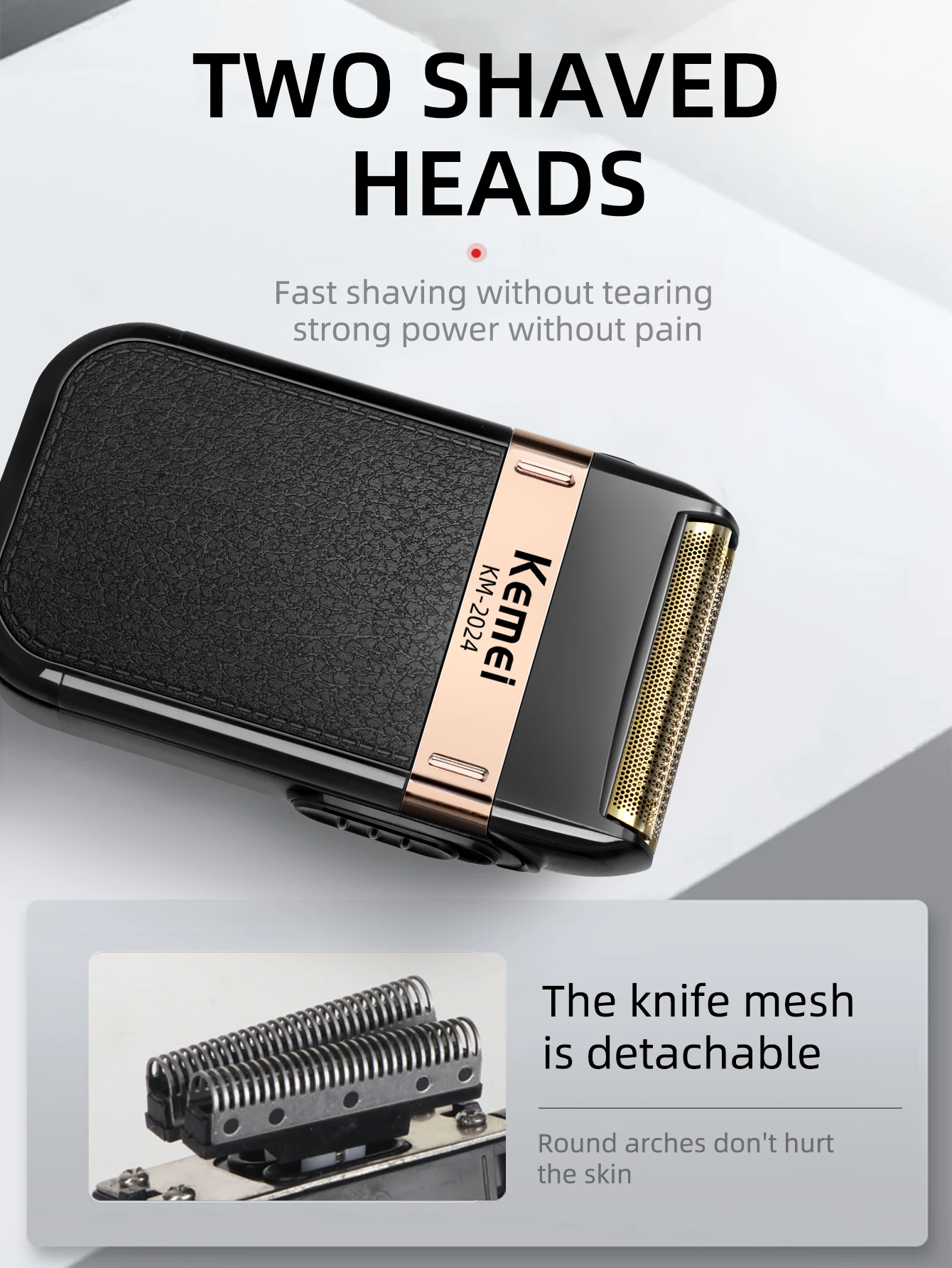 Kemei KM-2024 Elektrorasierer für Männer, kabelloser Rasierer mit zwei Klingen, wiederaufladbar, USB-Rasiermaschine, Friseur-Trimmer – Detail 6