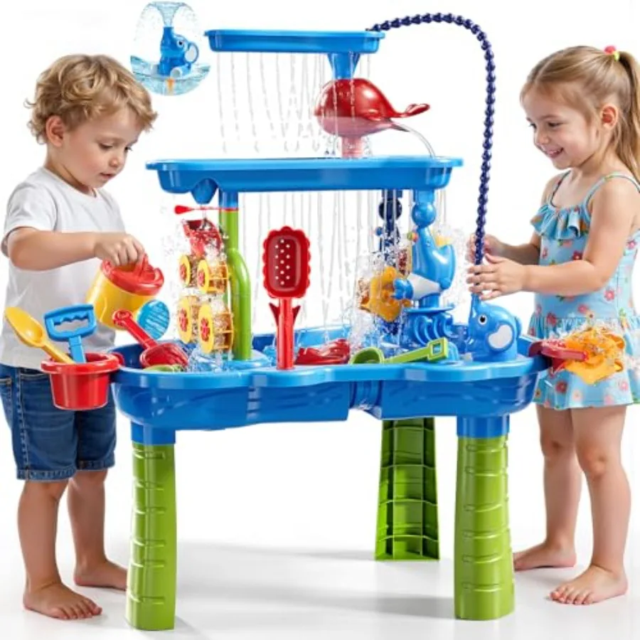 

Outdoor 3-Tier Sand and Water Table with Pump for Backyard Beach Play Blue Plastic Sensory Summer Activity, Ideal Birthday Gift