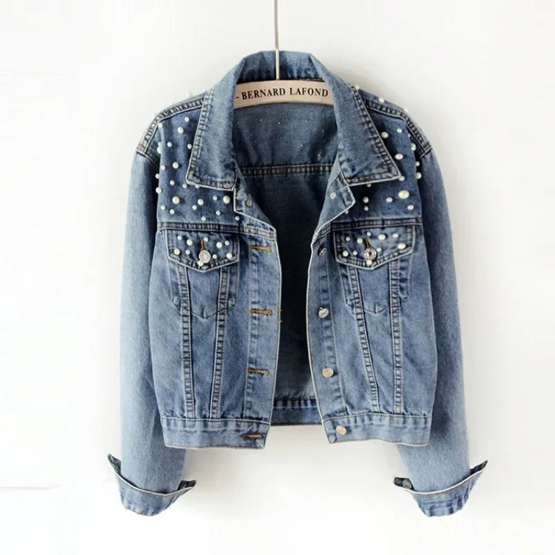 Autumn New Women Denim Coat Turn Down Collar Single Breasted Long Sleeve Jackets Korean Loose Casual Pearls Short Outerwear Y2k