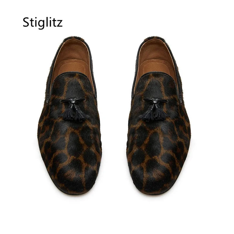 Leopard-Print Horsehair Flat Shoes for Men Loafers Punk Soft Man Shoes Slip On Tassel Runway Party Wedding Dress Shoes Spring