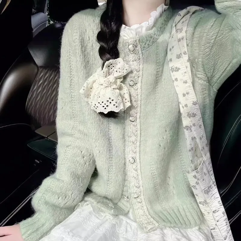 Green Lace Gentle Cardigan Women Knitted O-Neck Daily Casual Sweater Cardigan Long Sleeved Knitted Cardigan Autumn Winter