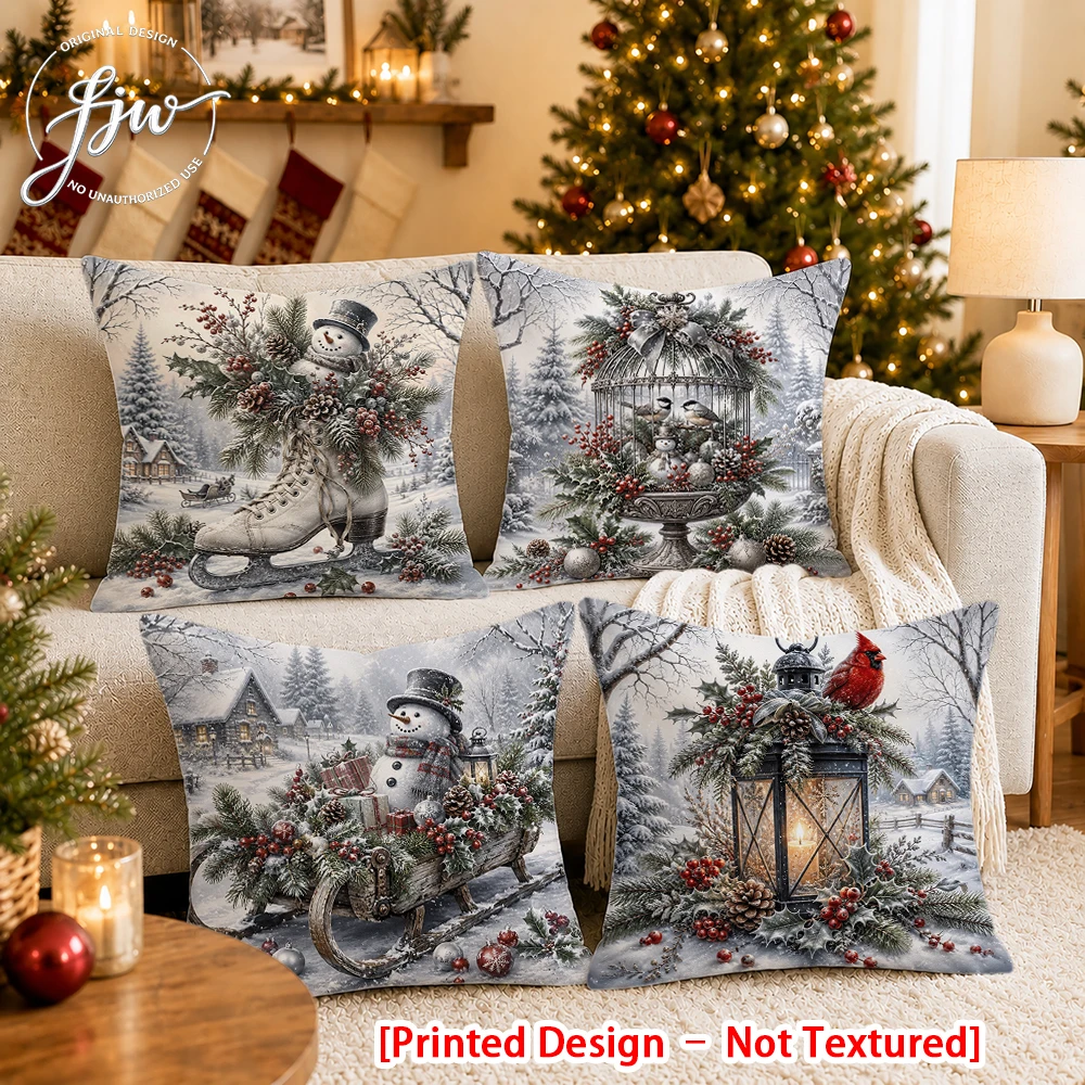 [Printing design-no texture] 4pcs Christmas Throw pillowcase Holiday Decoration New Year Party Decoration cushion Cover