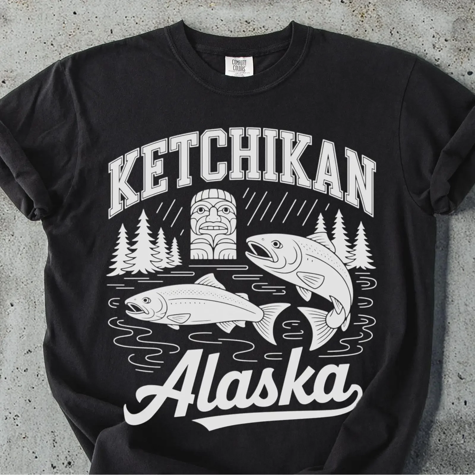 Ketchikan Alaska T Shirt Totem Pole Salmon and Pine Tree Design vintage Washed Comfortable Top For Everyday Wear Slightly