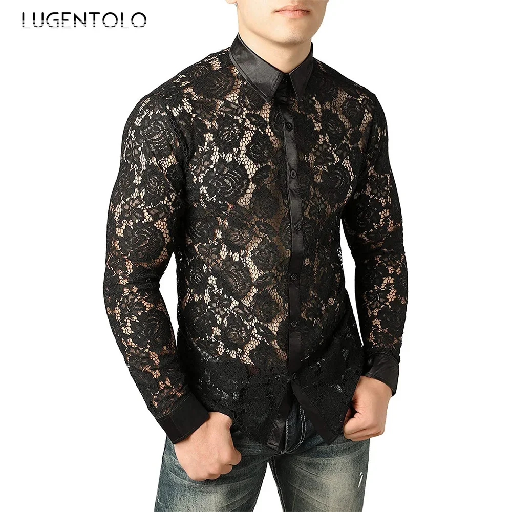 Men Lace Shirts Medieval Retro Casual Perspective Long Sleeve Solid Elegant Classic Vintage Gentleman Vintage Clothing Lugentolo