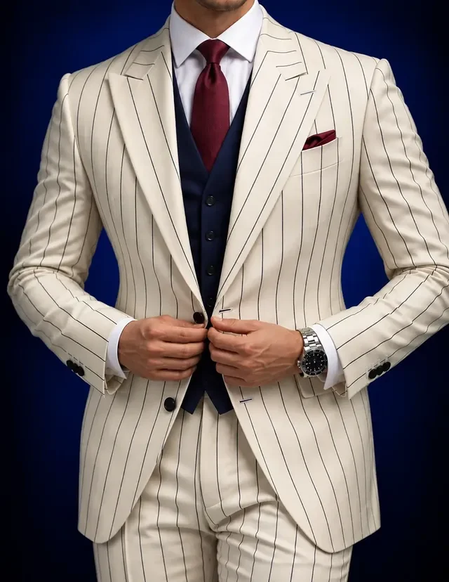 Cream White 2 Pieces Set Pinstripe Suit For Men Peak Lapel Slim Fit Blazer Trousers Wedding Business Party Jacket Customized