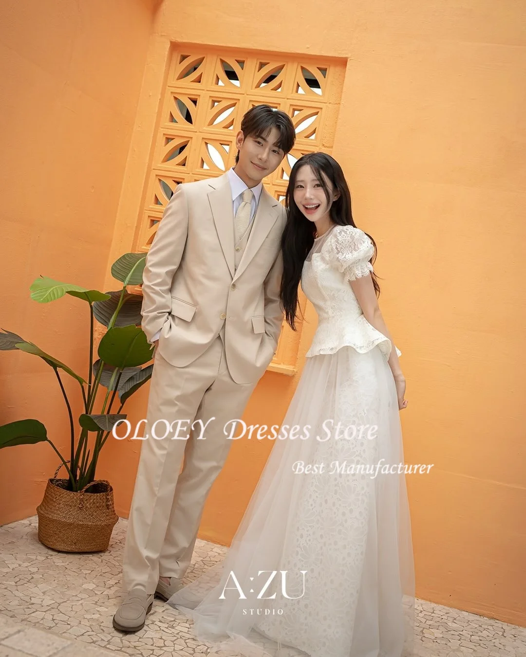 OLOEY – robe de mariée froncée, col rond, élégante, Simple, ligne a, manches bouffantes, ivoire, personnalisée