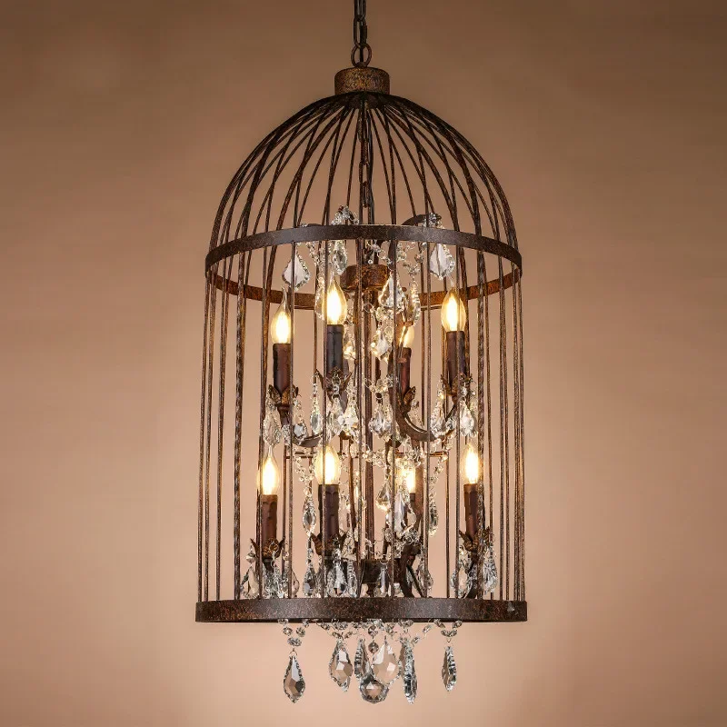 

Retro Black/Rust/Gold Iron Birdcage Style Chandeliers E14 Big Crystal Chandelier Modern LED Lighting in Living Room Kitchen