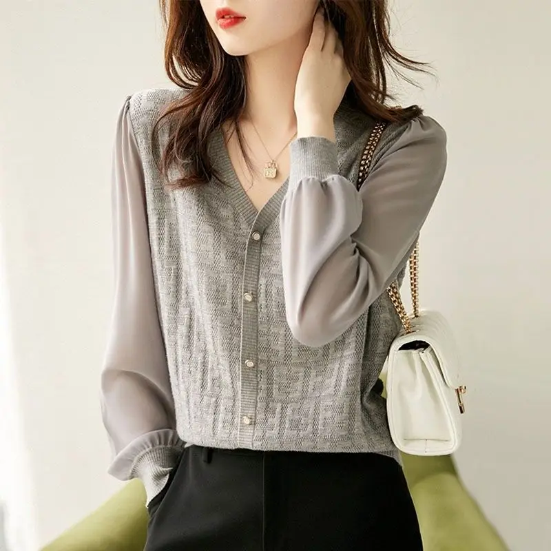 2023 Women\'s Clothing New Spring Autumn Solid Color V-Neck Long Sleeve Chiffon Basic Fashion Casual All-match Blouse