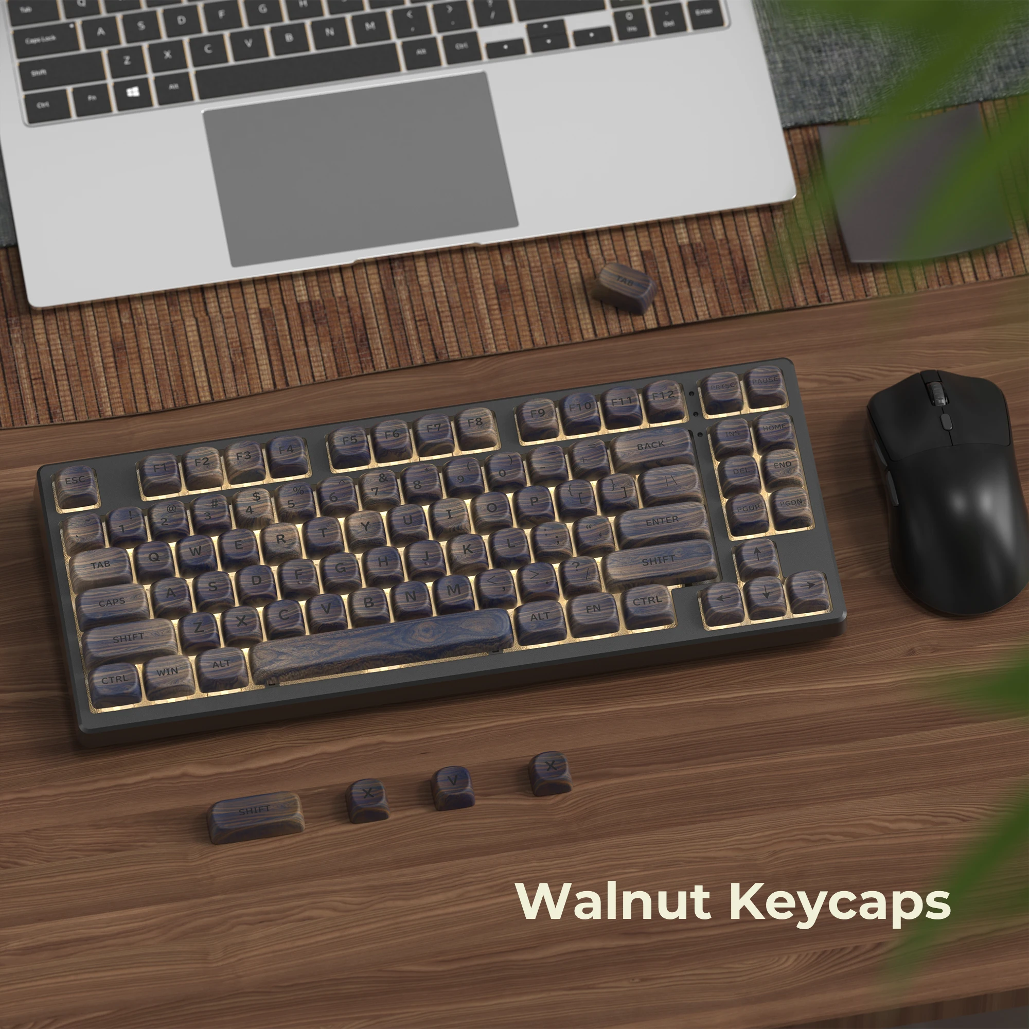 XVX MOA Profile Dark Walnut Wood Theme PBT Customs Dye Sub Keycaps for 61/87/104 Cherry MX Gaming Mechanical Keyboard 130 Keys