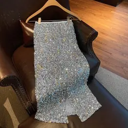 Korean Fashion Summer New Women's Solid Elastic Waist Sequined Simplicity All-match Mid-length Slim Bag Hip Fishtail Skirts