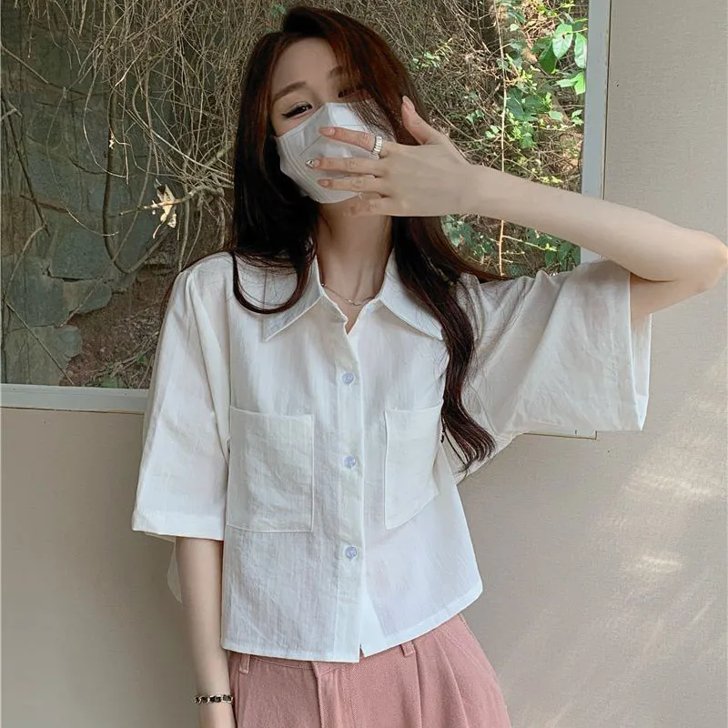 Summer Women's Short Sleeves Shirts All-Match Simple Loose Basic Casual Shirt Ladies Korean Single-Breasted Pockets Cropped Top
